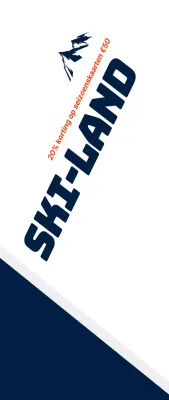 Donker marineblauw en wit skimateriaal in een strakke stijl om kortingen aan te kondigen en te promoten.