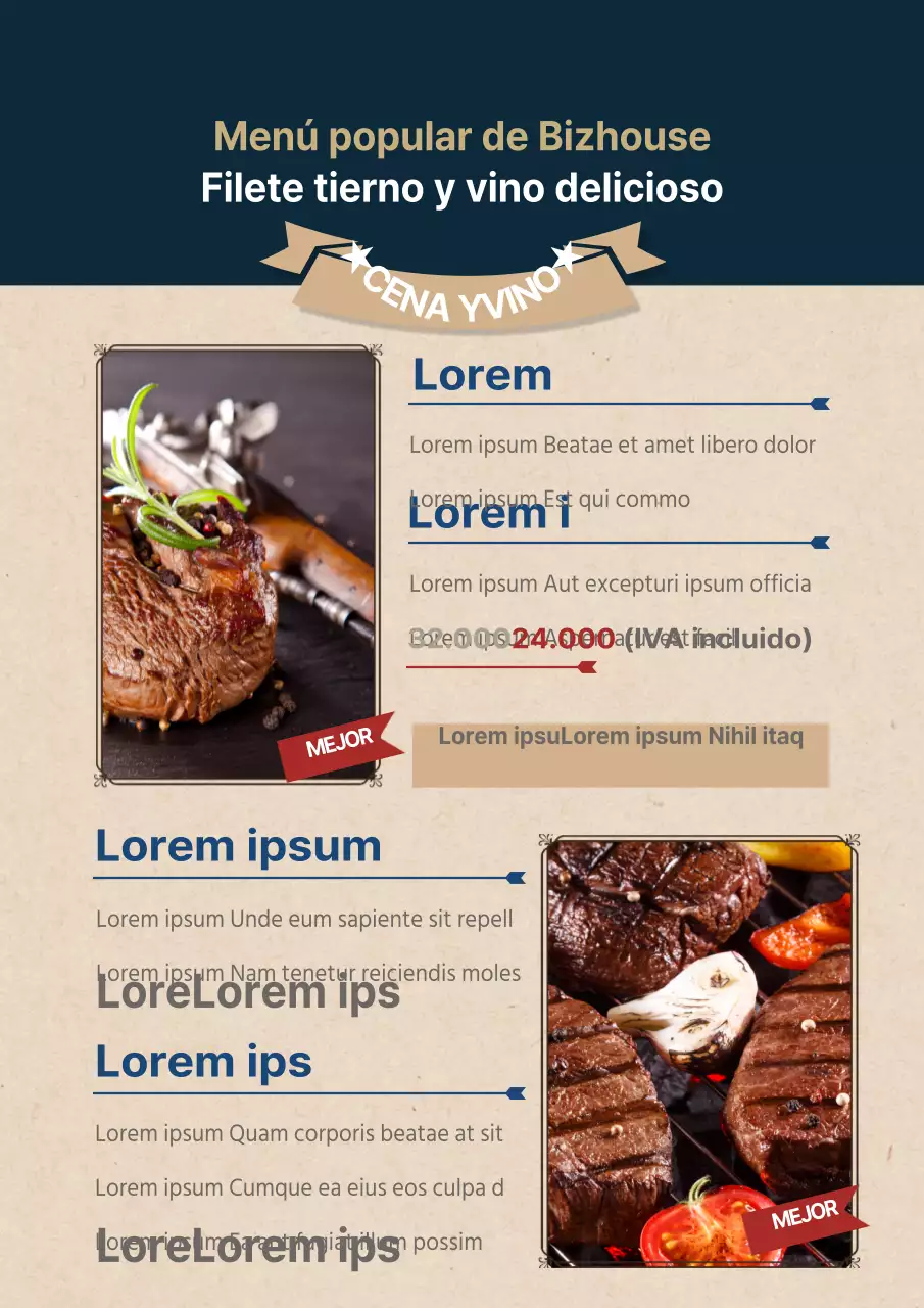 Promocione eventos y menús con fotos limpias de filetes en azul marino y marfil.