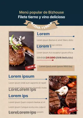 Promocione eventos y menús con fotos limpias de filetes en azul marino y marfil.