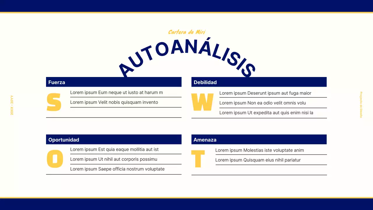 Portafolio de diseño para un concepto retro vintage en azul marino y amarillo
