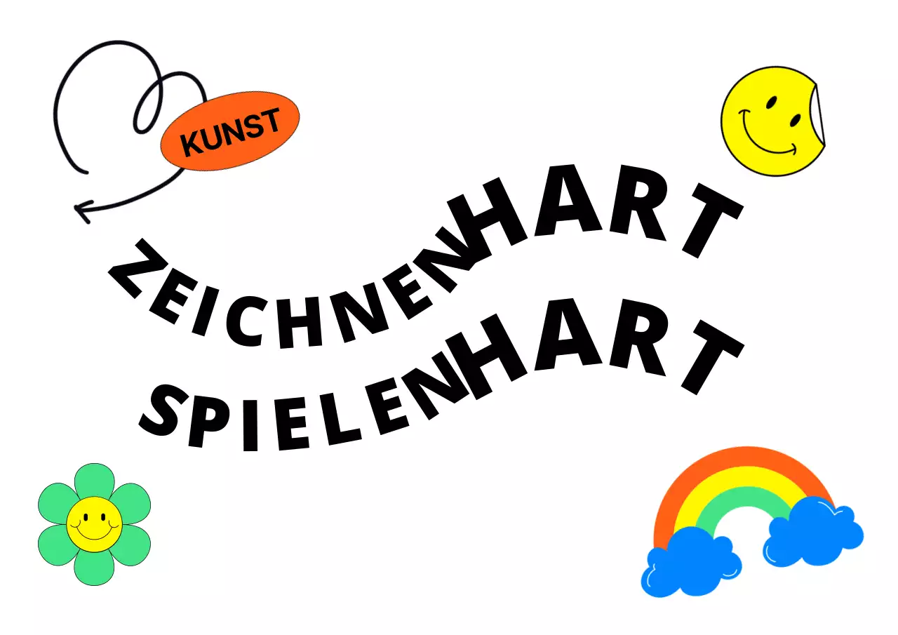 Ein Werbedesign für eine Kunstschule mit einer Vielzahl von bunten Aufklebern.