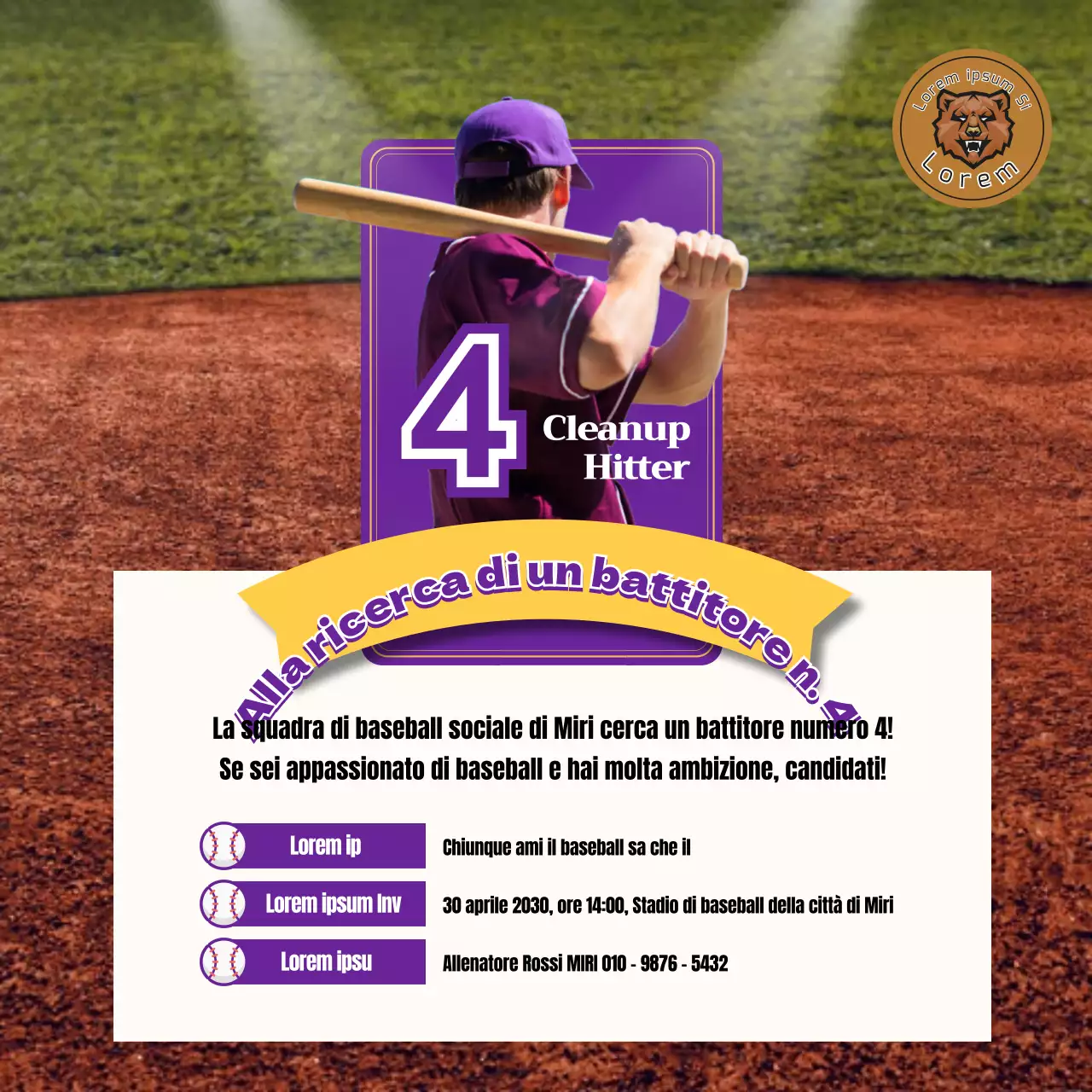 Un concetto di carta da gioco del baseball viola e giallo con un battitore numero quattro.