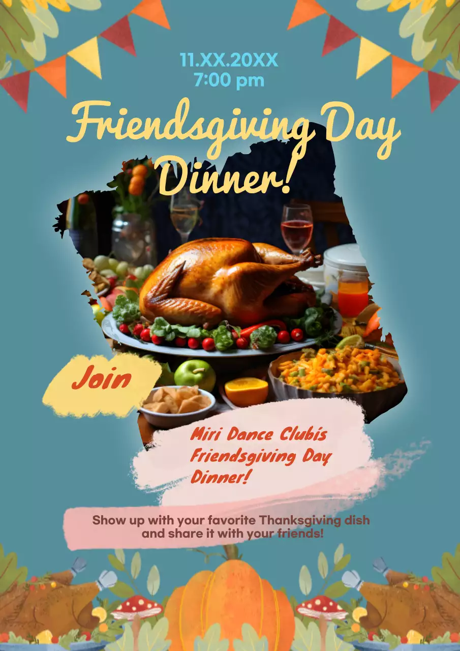 Blue and yellow kitsch Friendsgiving Day Dinner invitation