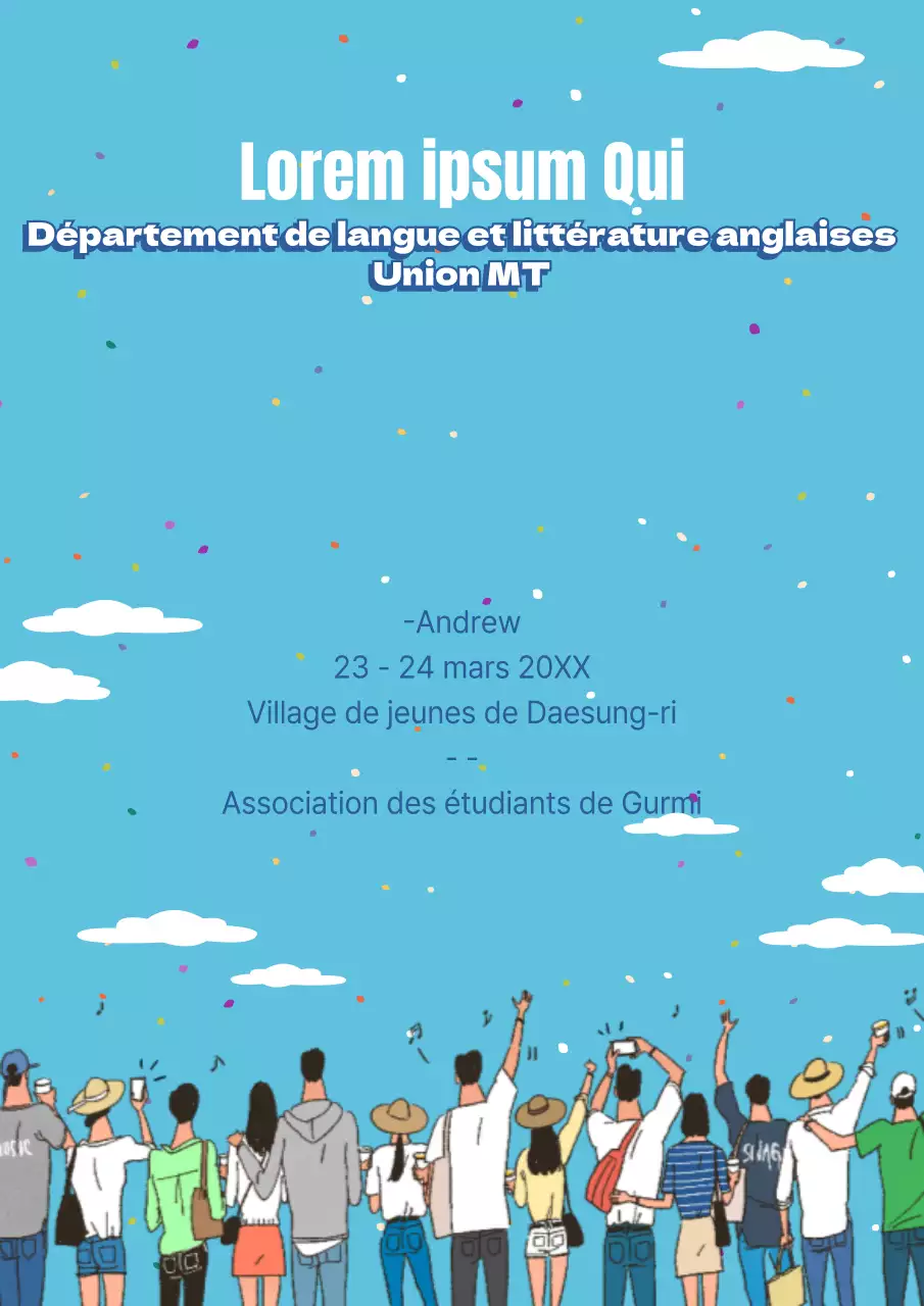 Promouvoir un camp d'été universitaire coloré et mignon à l'aide d'une illustration bleu clair de dos d'étudiants.
