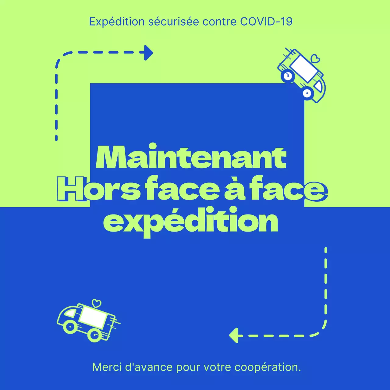 Bannière colorée lors d'une livraison sans contact avec illustration d'un coursier sur fond bleu chartreuse