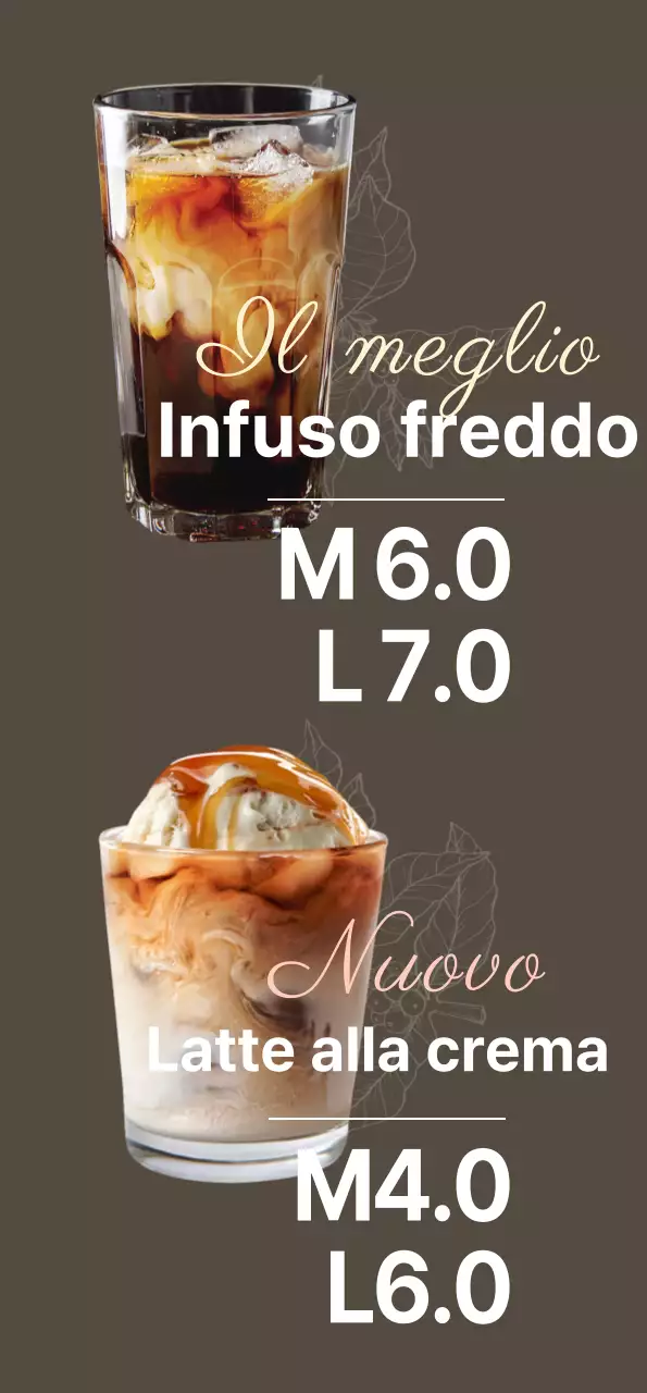 Banner di un caffè monotono con latte al caramello e birra fredda in un design d'atmosfera su sfondo scuro