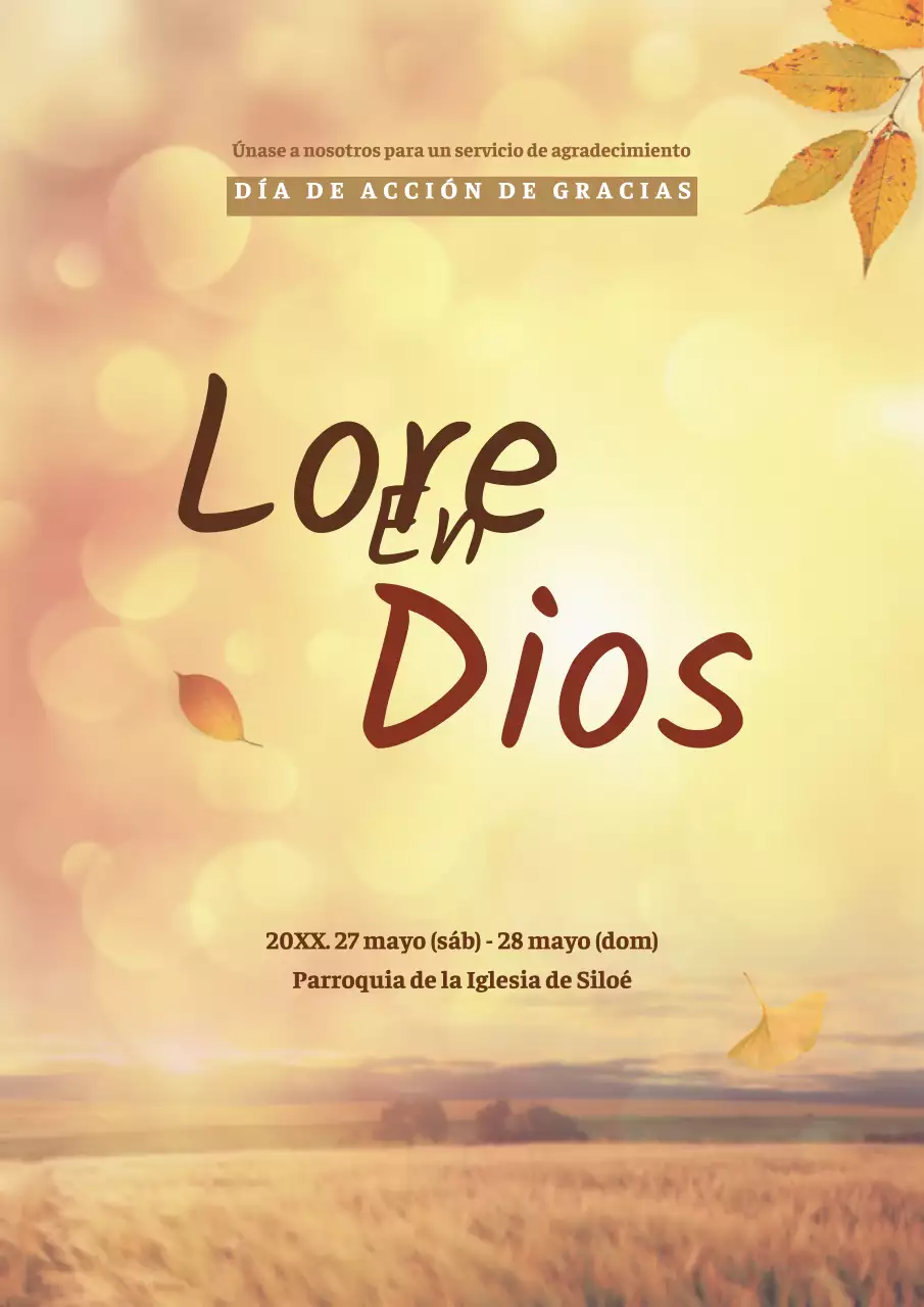 Promocione los servicios religiosos de otoño con fotos de campos otoñales amarillos y hojas caídas.