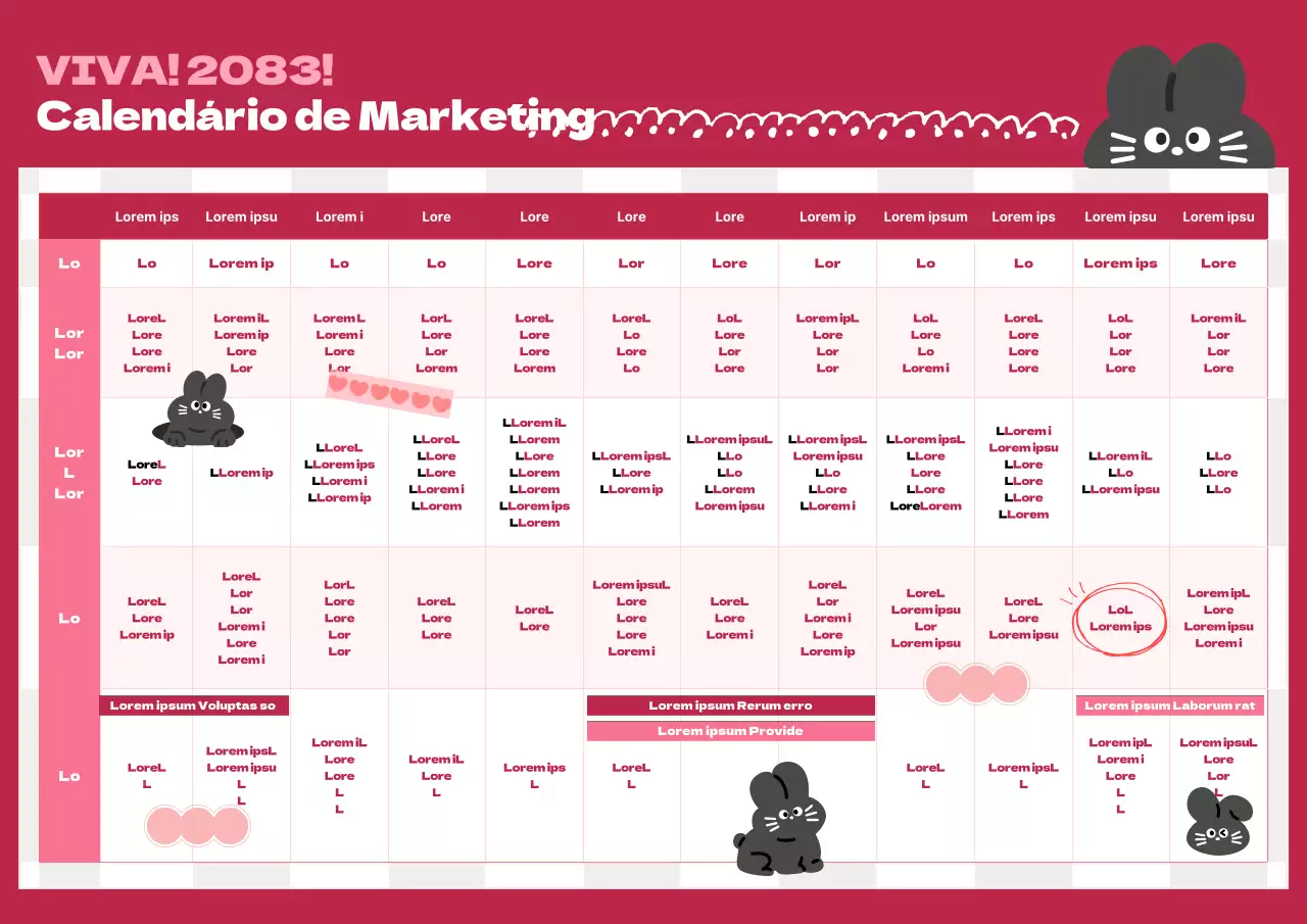 Calendário anual com uma ilustração de um coelhinho preto e giro em cor de vinho rosa