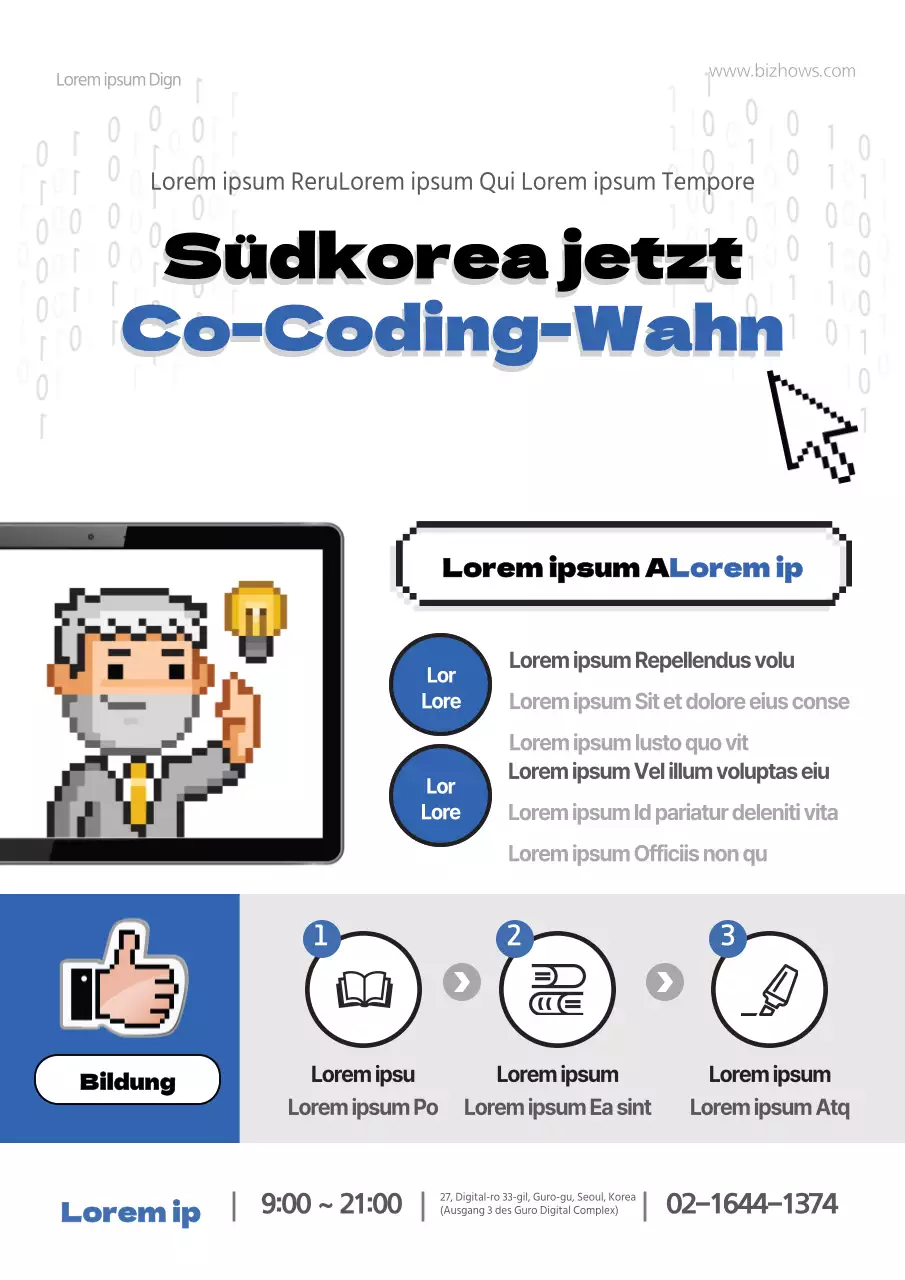 Ein Flugblatt für eine Programmierschule in Weiß und Blau.