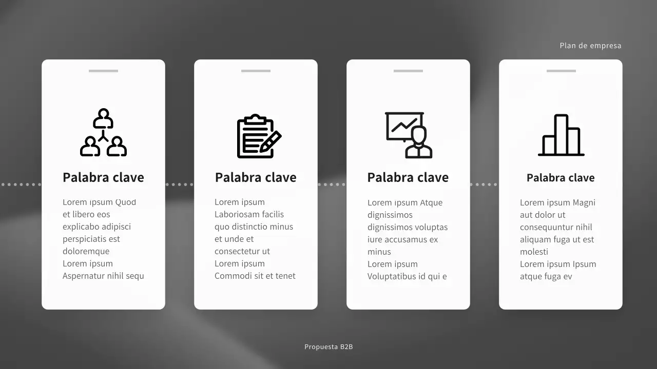 Presentación de propuesta corporativa B2B en tonos negros y grises