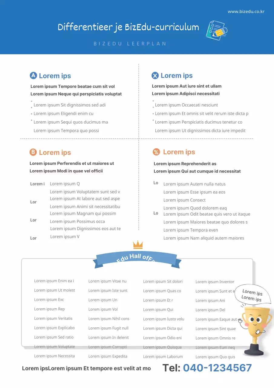 Een beschrijving van de school in blauwe tekst met een lijst van geslaagde kandidaten