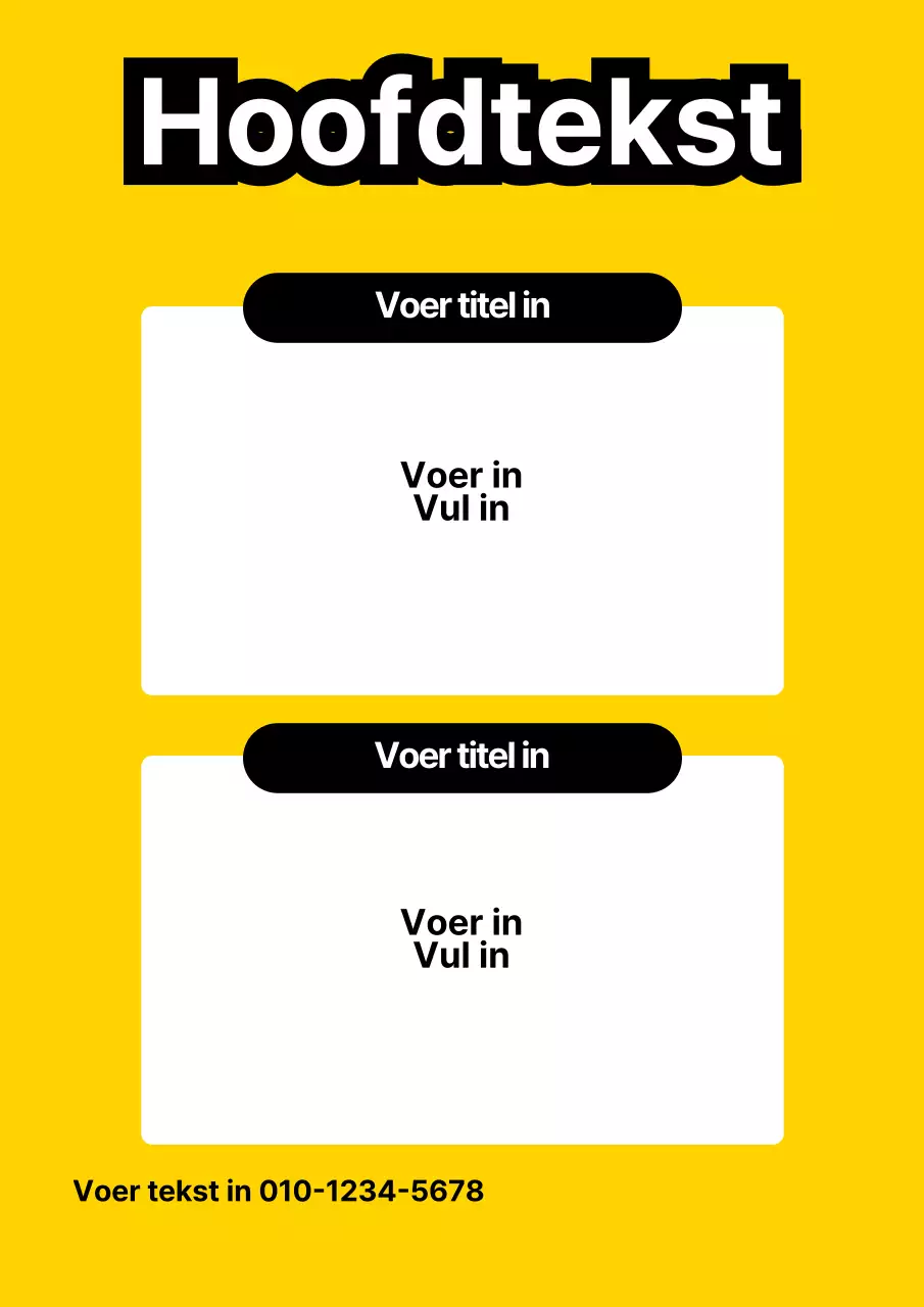 Een eenvoudige flyer met gele en zwarte tekst en vormen
