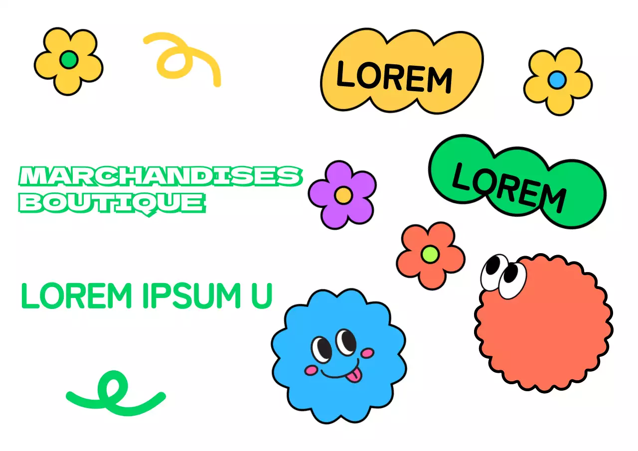 Conception d'un magasin de marchandises avec des illustrations mignonnes et colorées de personnages en forme et de fleurs