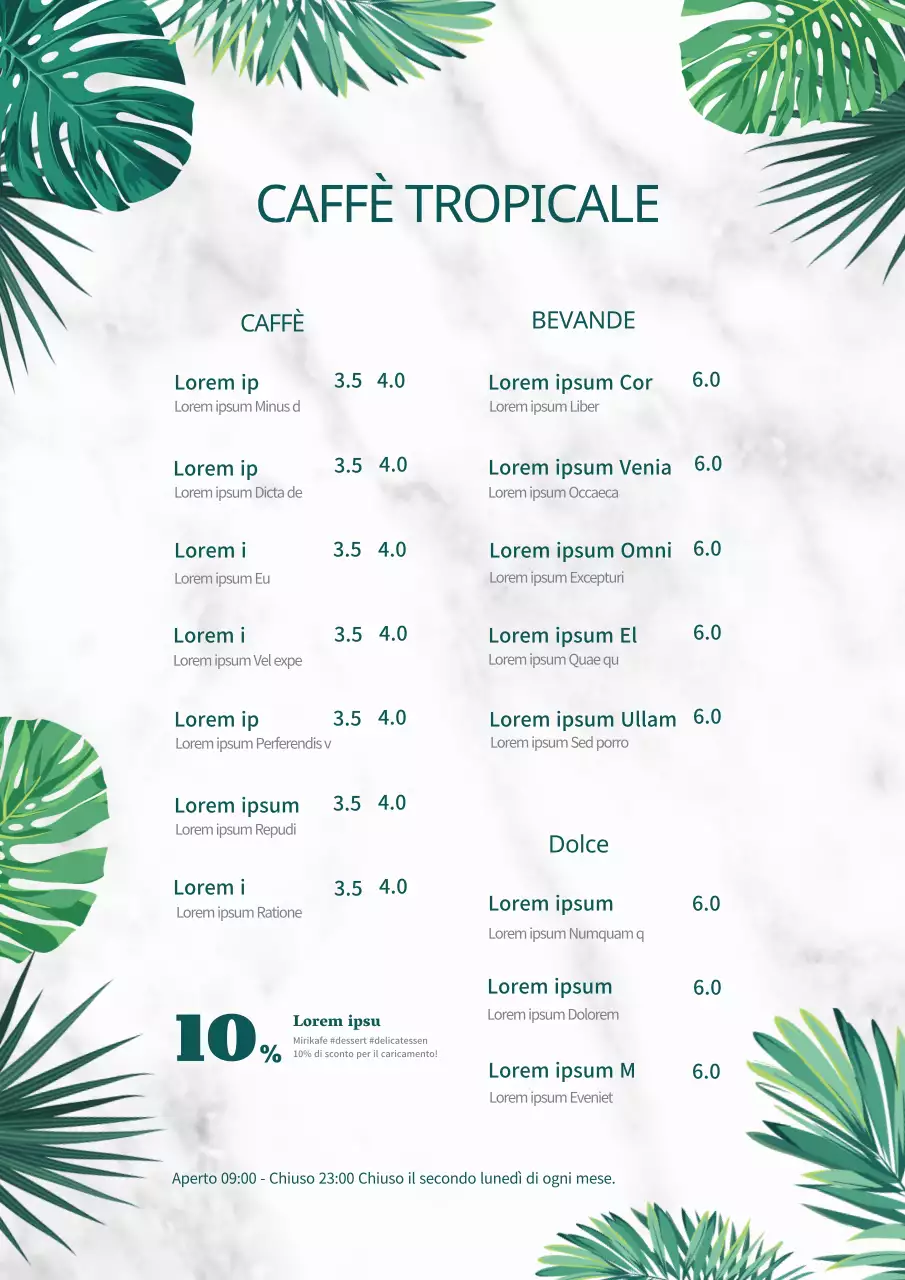 Menu bevande illustrati per caffè tropicali