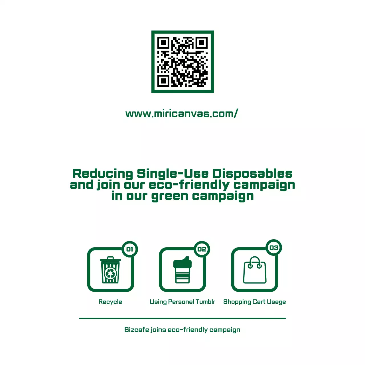 Gaya tata letak kombinasi teks dan ikon yang sederhana dan bersih dengan skema warna hijau dan putih Pengumuman kampanye hijau