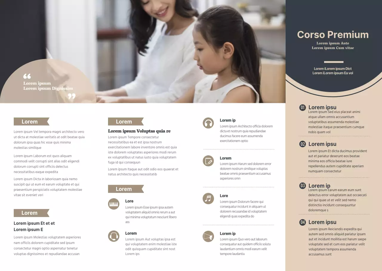 Promozione della scuola di pianoforte in un punto e informazioni in uno stile pulito