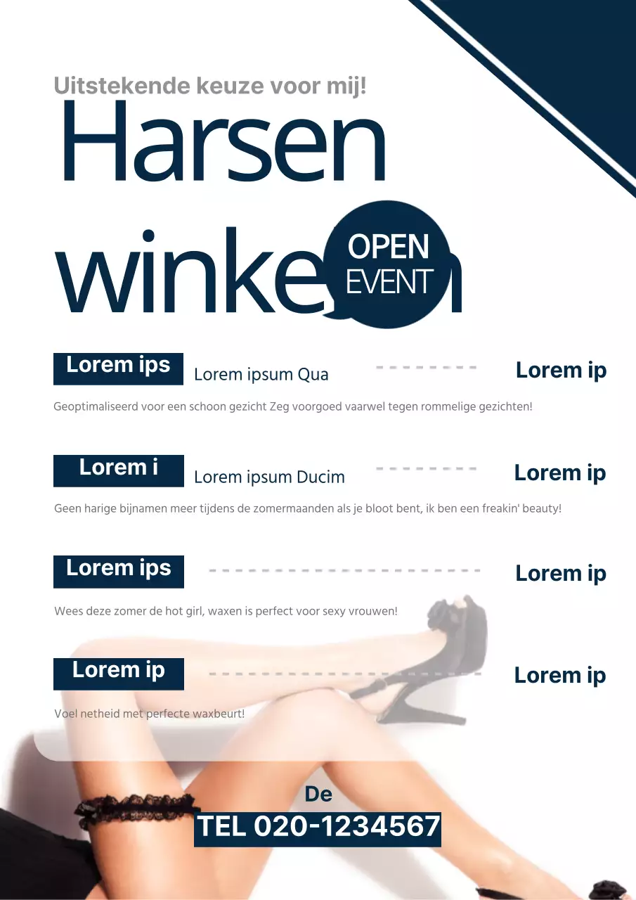 Eenvoudig menubord van een waxsalon met een foto van een marineblauw beenmodel