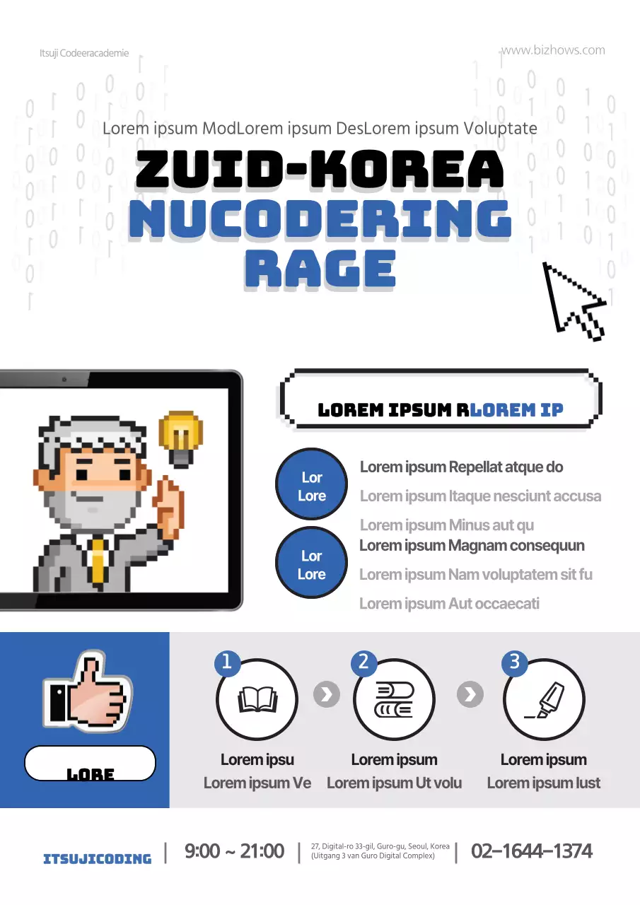 Een flyer voor een programmeerschool in wit en blauw.