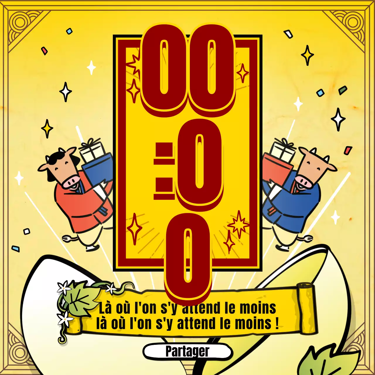 Illustration d'un personnage traditionnel de vache jaune pour dire la bonne aventure du Nouvel An