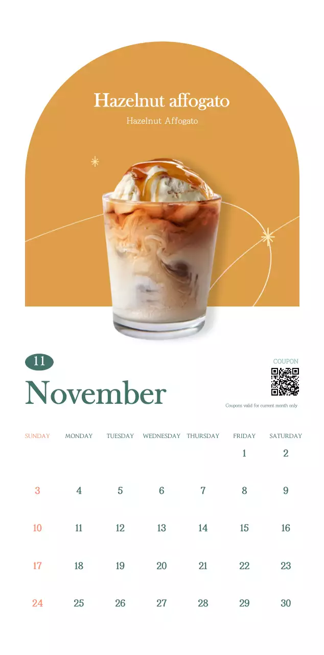 Cafe calendar with drink of the month recommendations