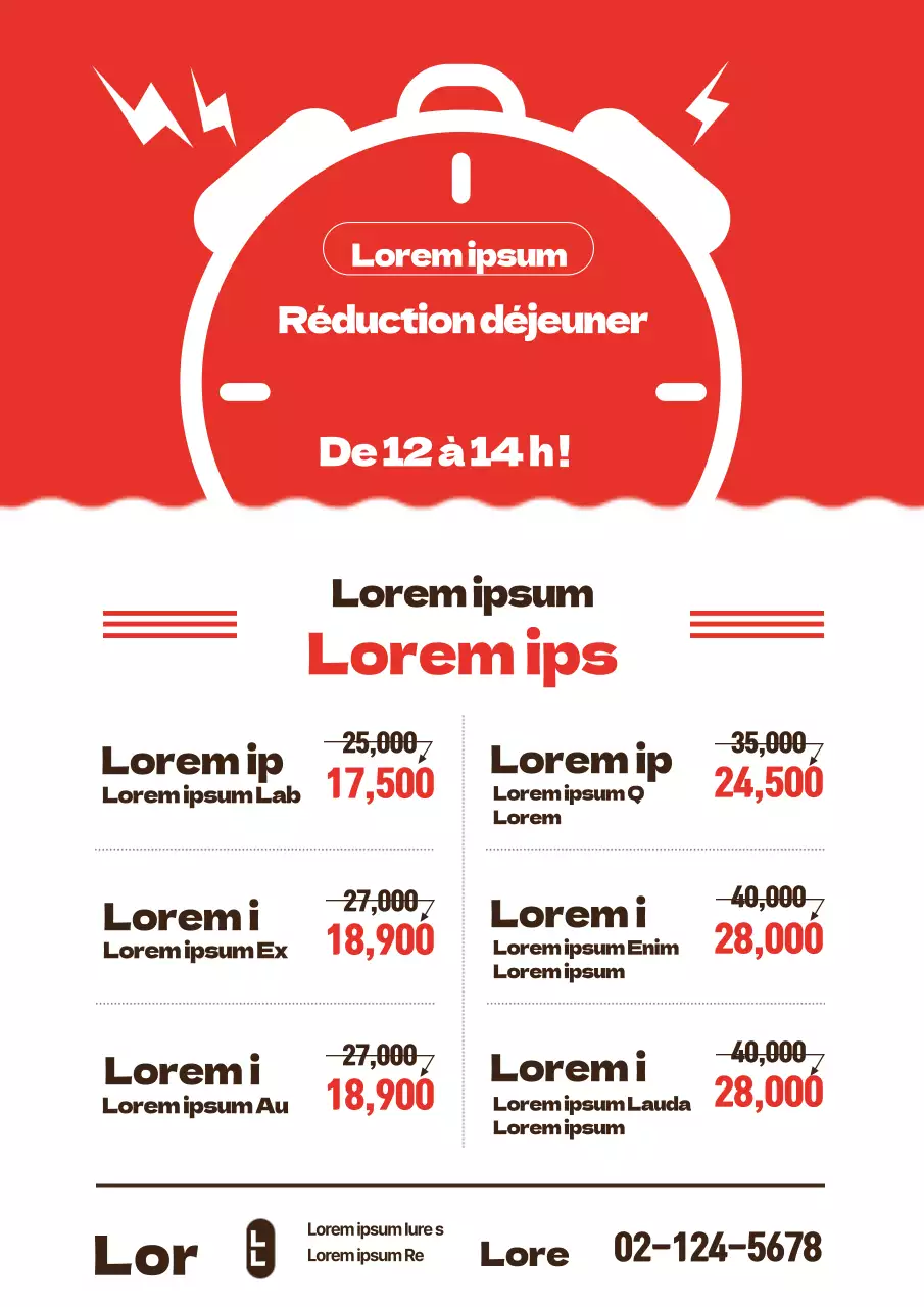 Faites la promotion d'une réduction sur votre menu de midi avec une illustration d'horloge rouge.