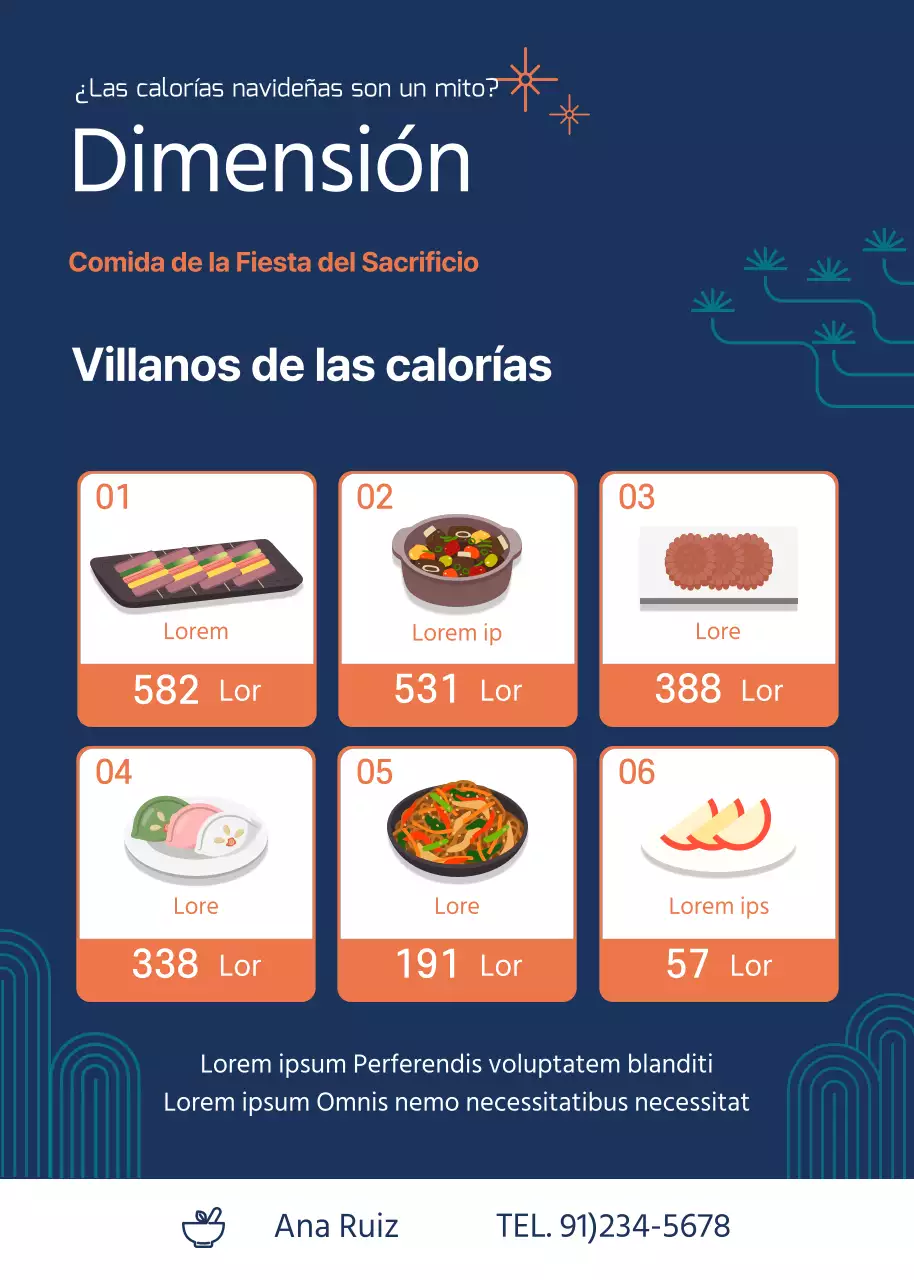 Guía de calorías de los alimentos navideños ilustrada en azul marino y naranja