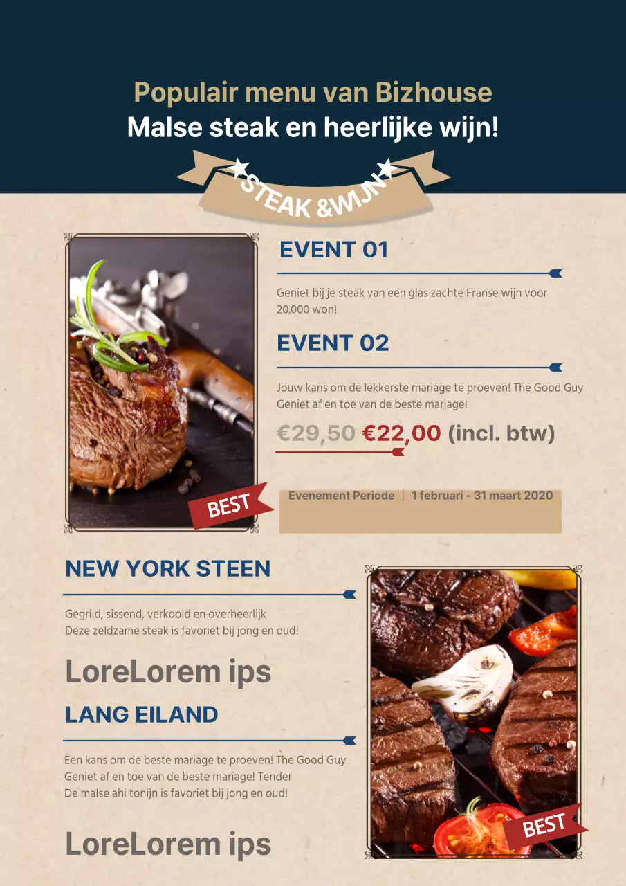 Promoot evenementen en menu's met strakke foto's van steaks in marineblauw en ivoor.