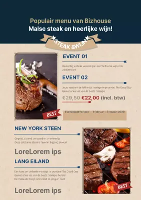 Promoot evenementen en menu's met strakke foto's van steaks in marineblauw en ivoor.