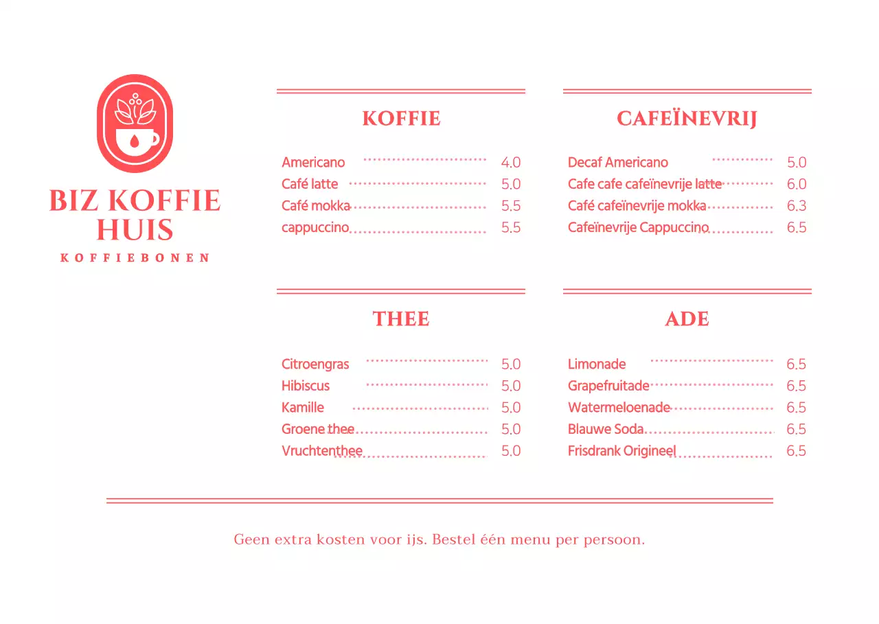 Menuprijzen voor een eenvoudig rood-wit conceptcafé