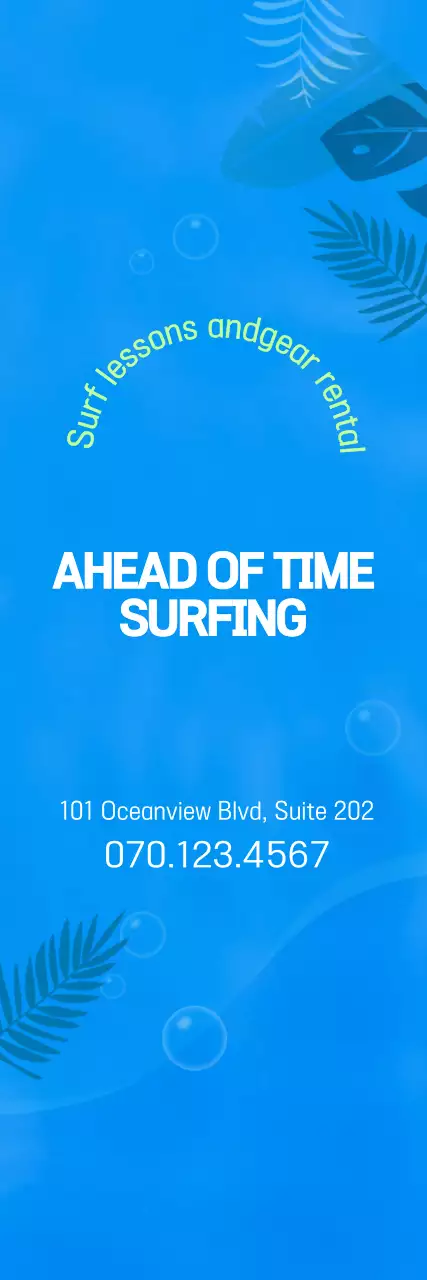 Ilustração simples do oceano em azul e chartreuse para informação e promoção do surf