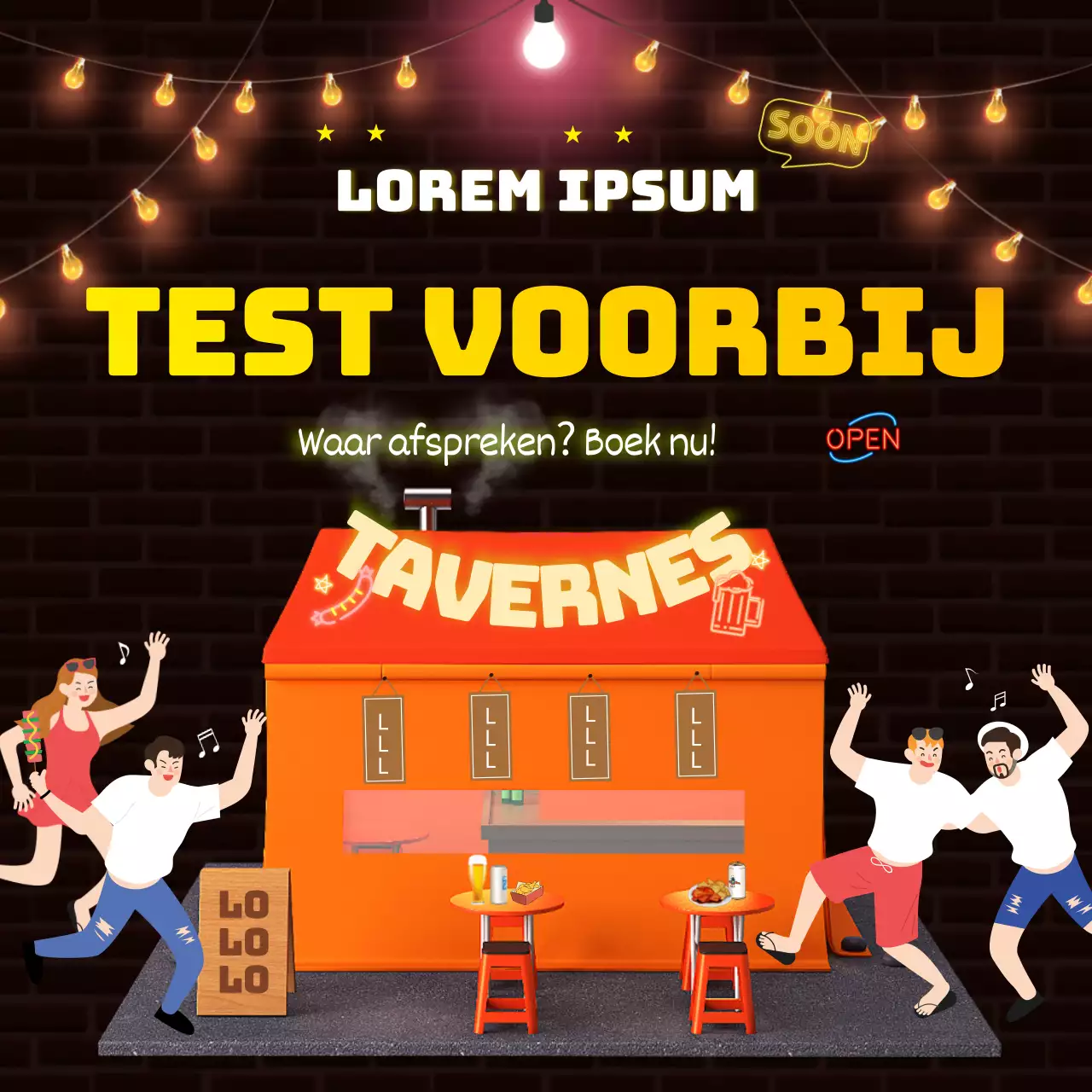 Een zwarte bakstenen taverne met fonkelende neonlichten op een zwarte bakstenen voet Boeken Sociale media