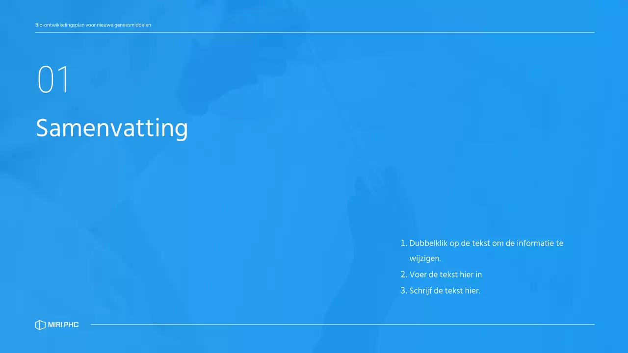 Een strak, blauw getint businessplan voor een farmaceutisch bedrijf dat een nieuw medicijn ontwikkelt.