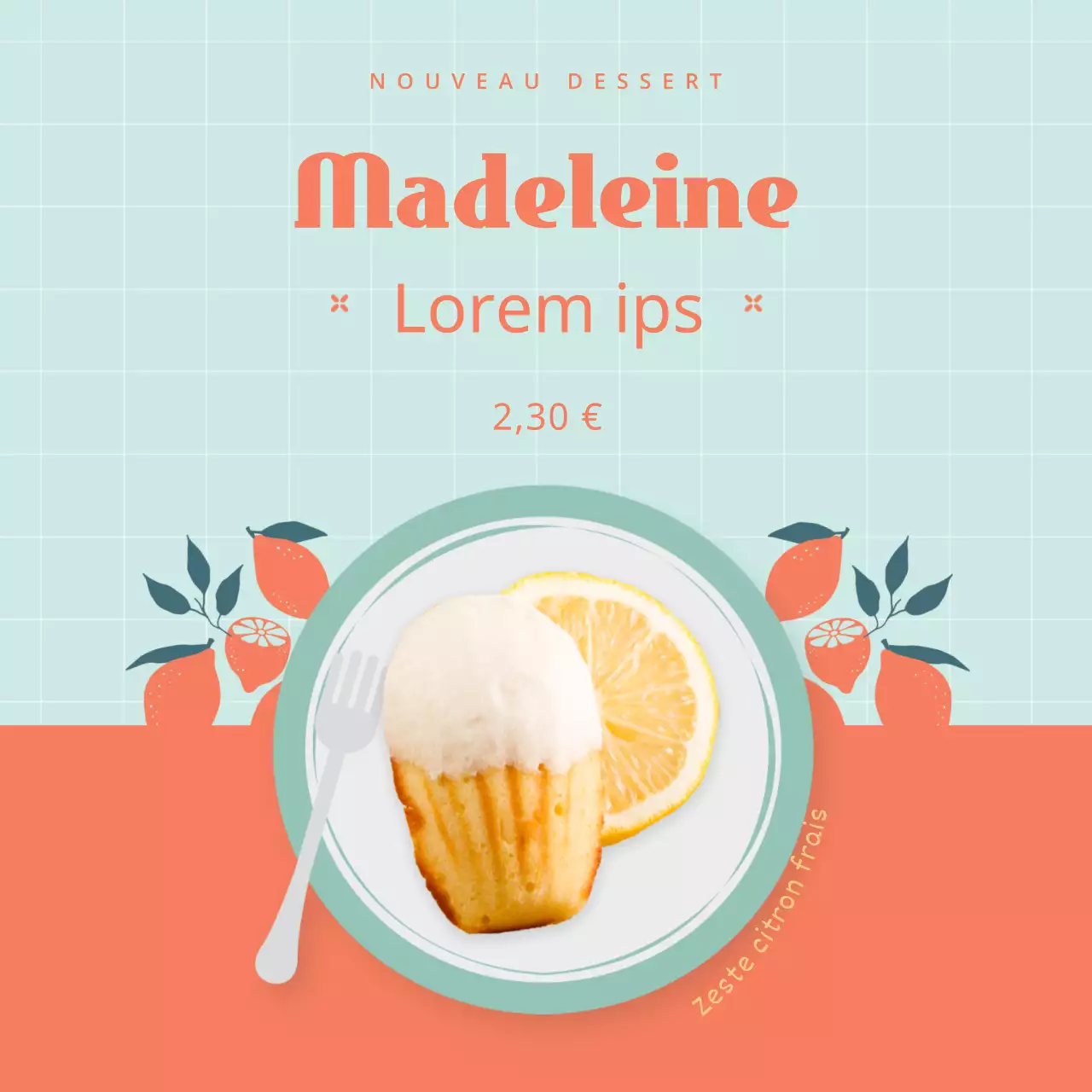 Carte des desserts de la Madeleine avec des accents d'images bleu clair et orange