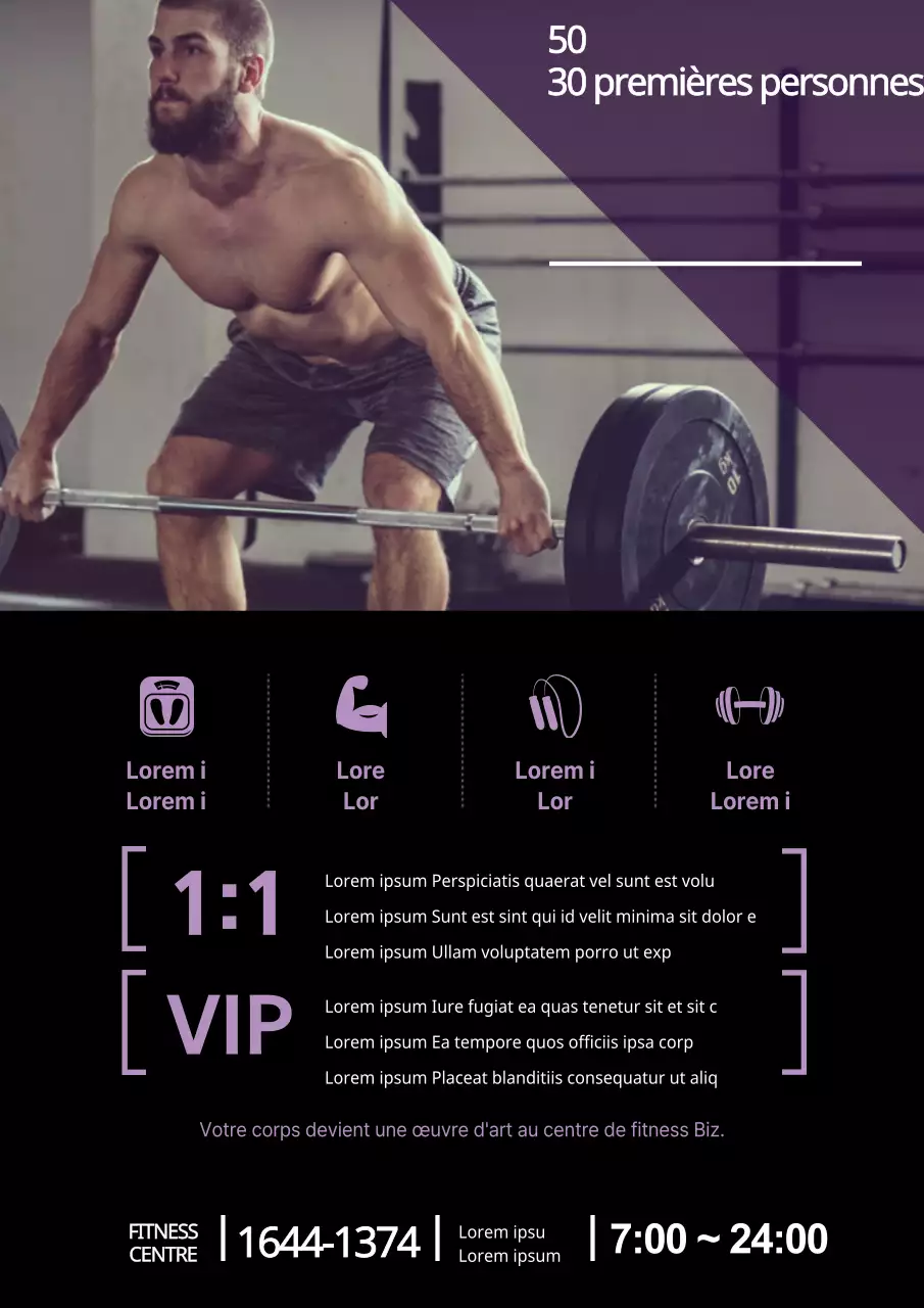 Une simple promotion de remise dans un gymnase, selon le principe du premier arrivé, premier servi, avec une photo violette d'un homme en train de s'entraîner.