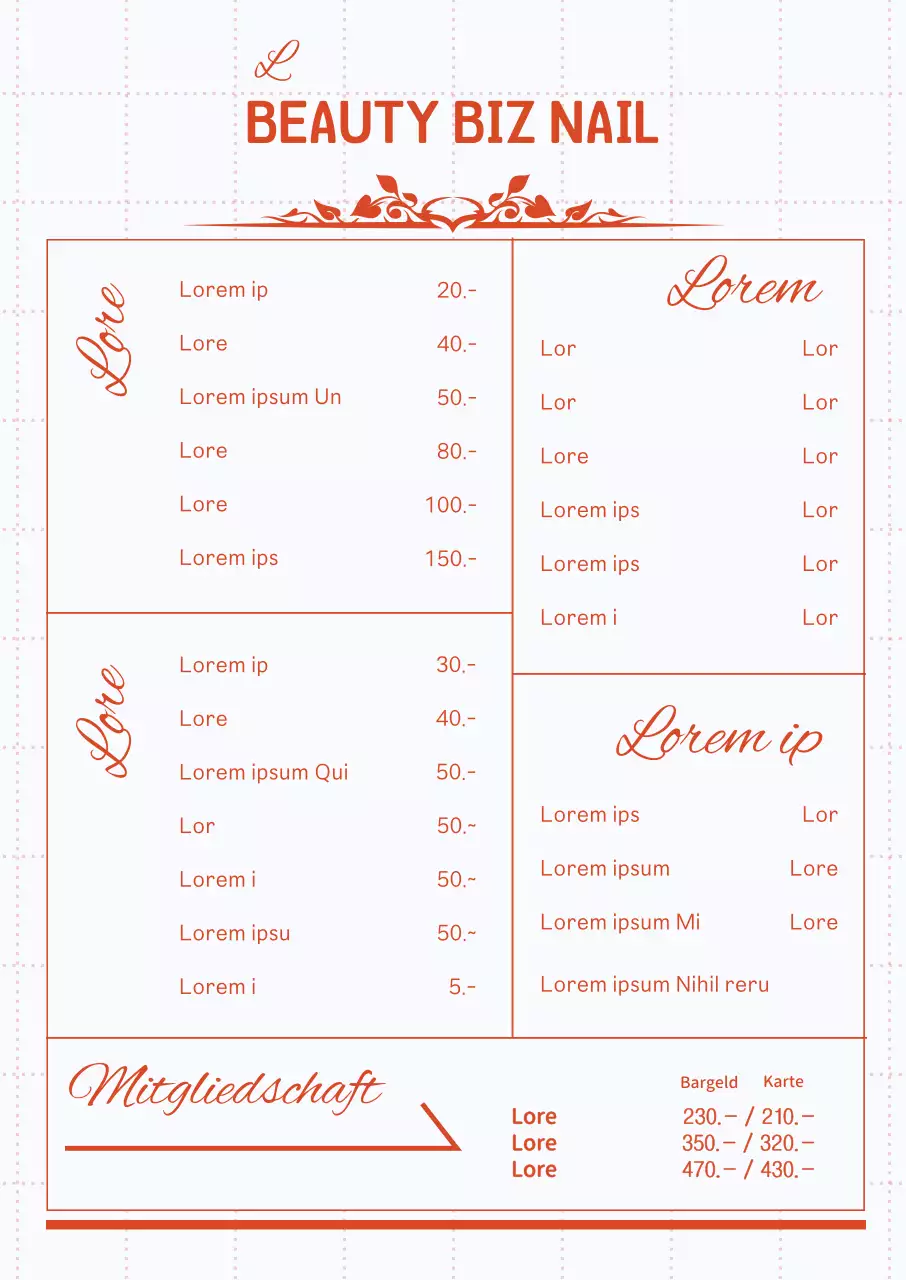 Nagelstudio-Menü-Tafel mit roten Linien