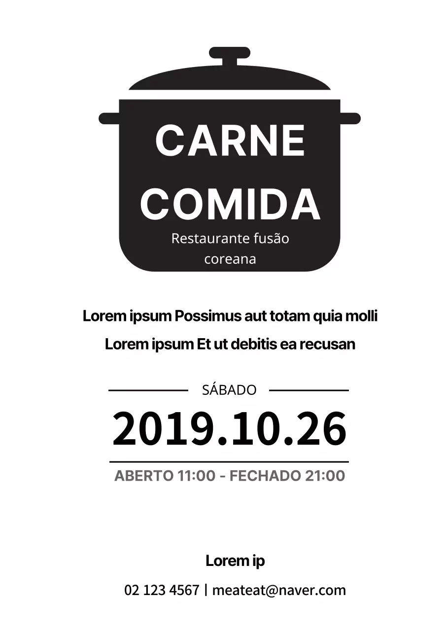 Folheto simples de abertura de restaurante em branco e preto