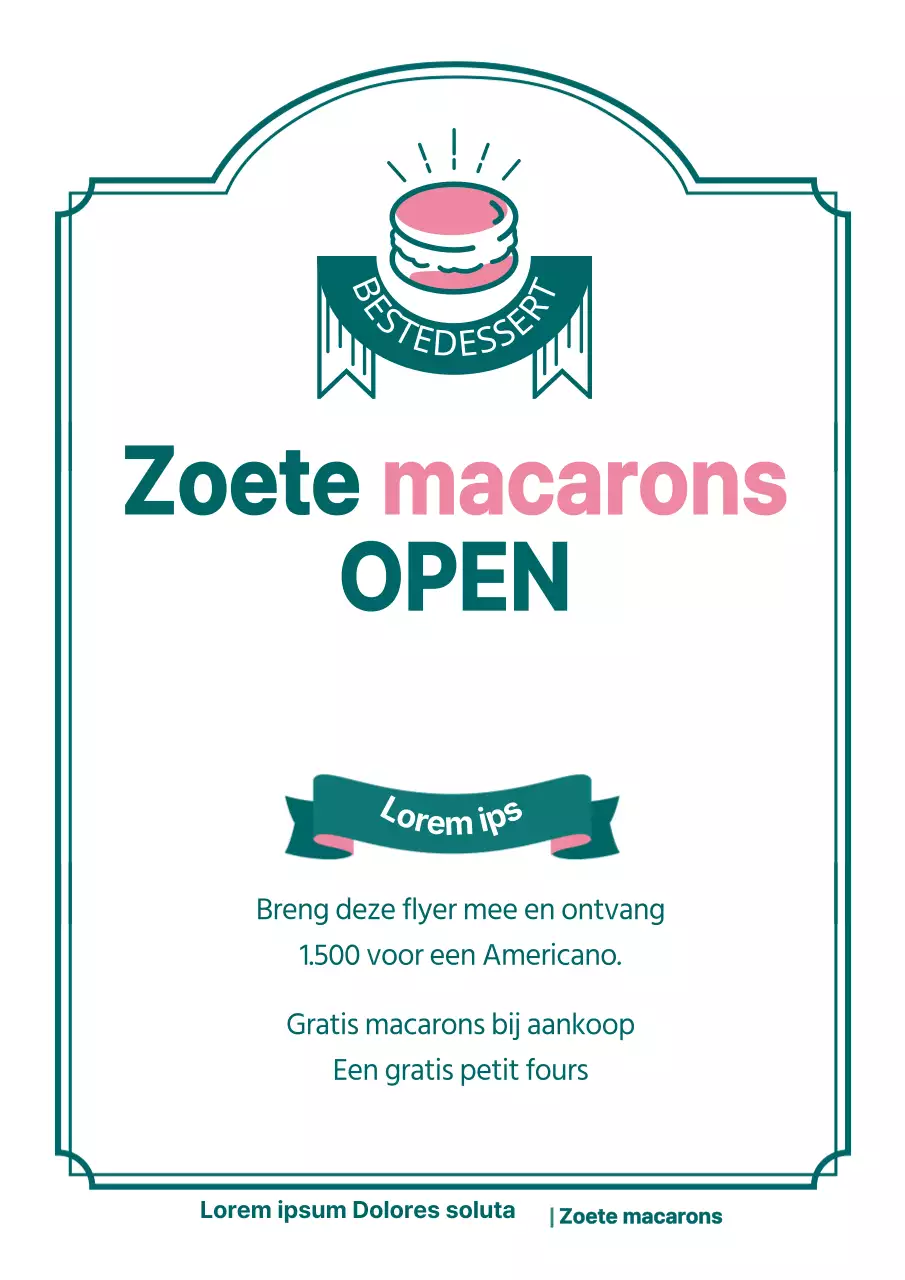 Schattige macaron café openings flyer in groen en roze