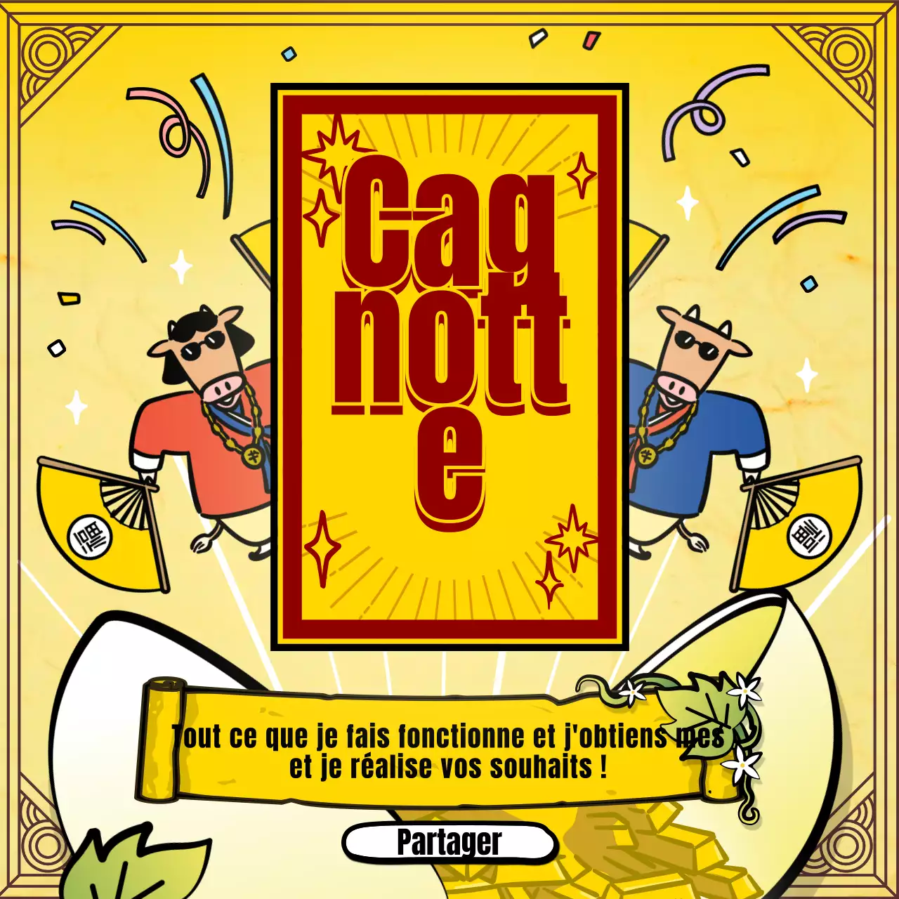 Illustration d'un personnage traditionnel de vache jaune pour dire la bonne aventure du Nouvel An