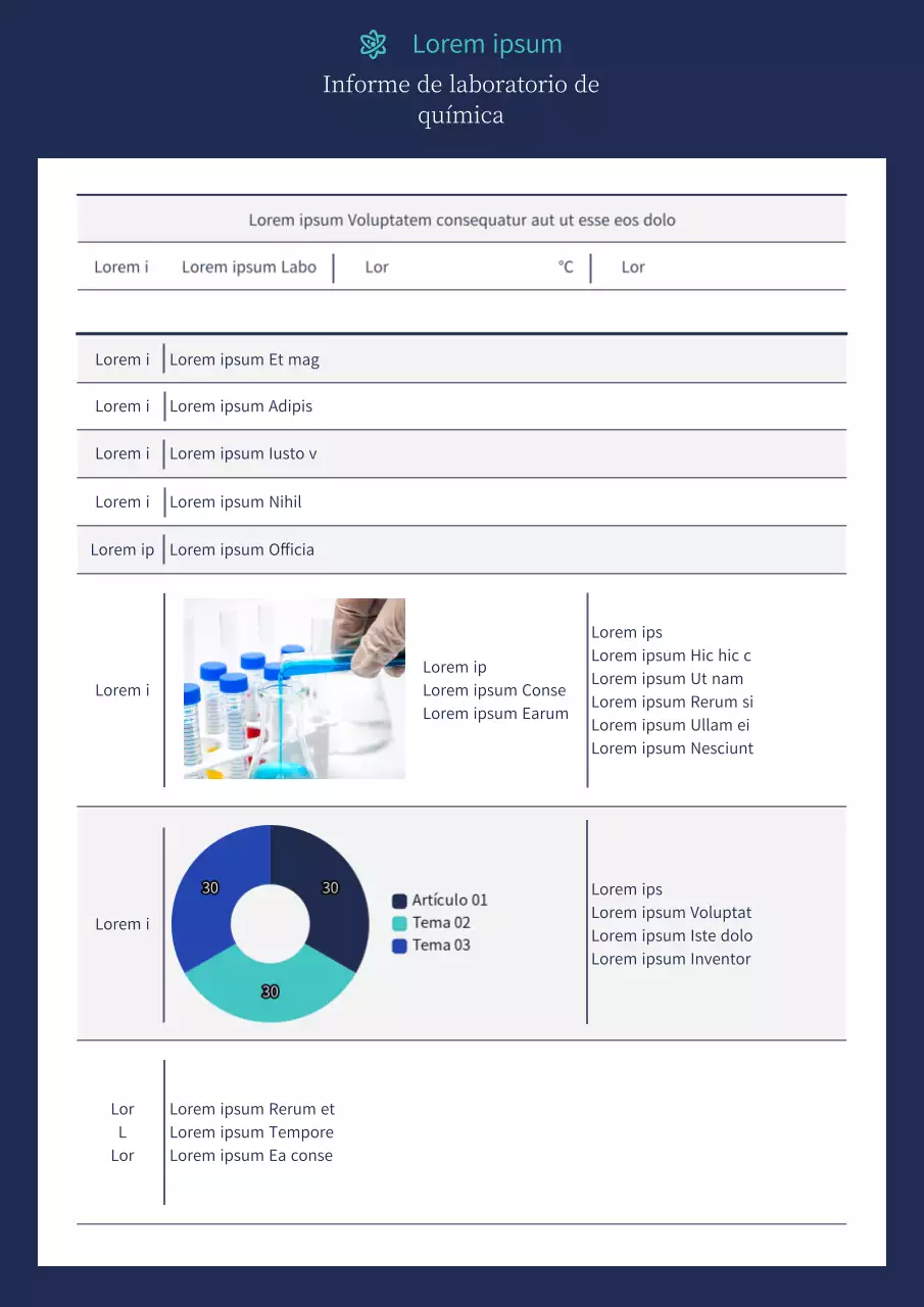 Un sencillo informe de laboratorio de química en azul marino