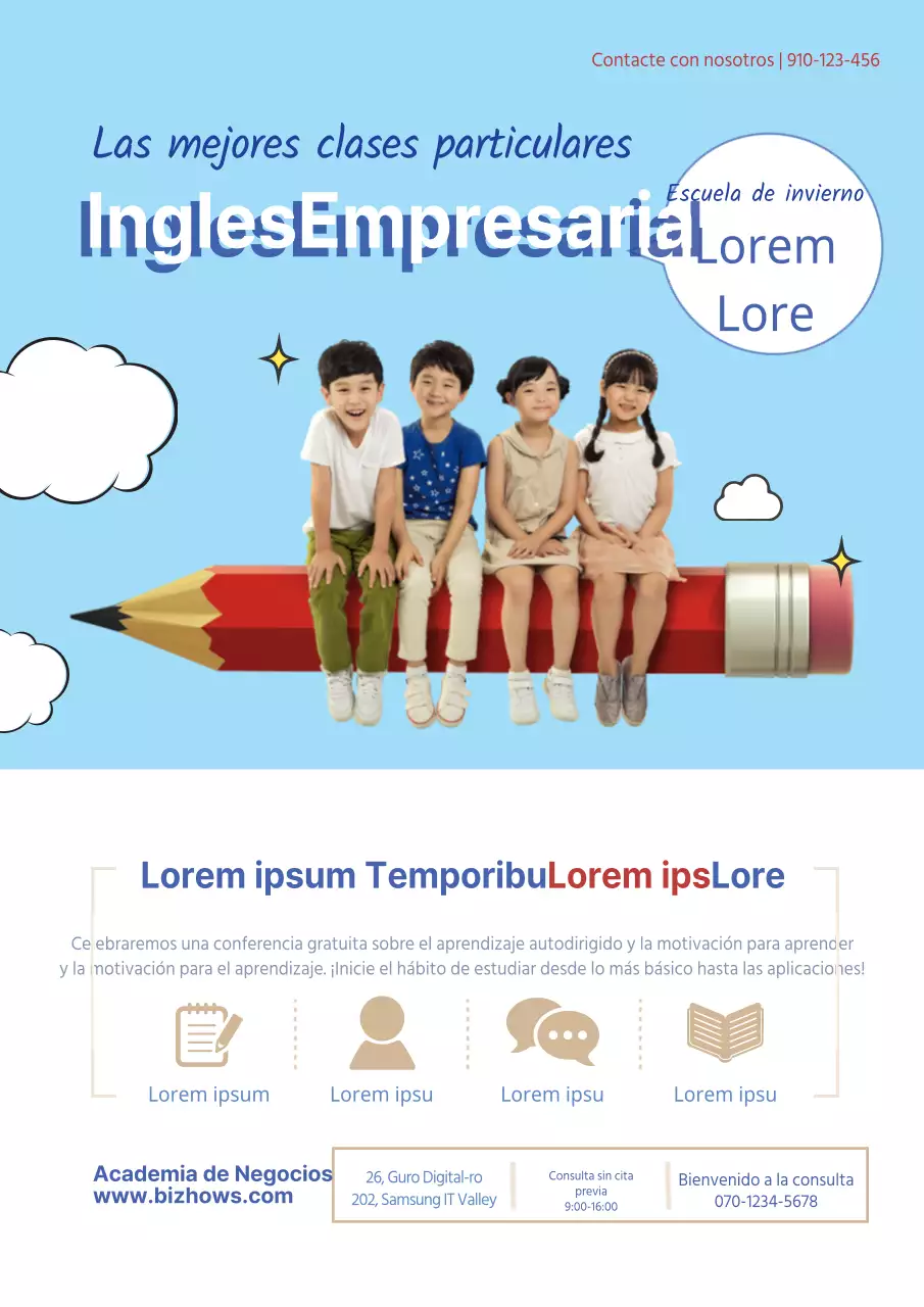 Folleto escolar sencillo en inglés en azul claro y blanco