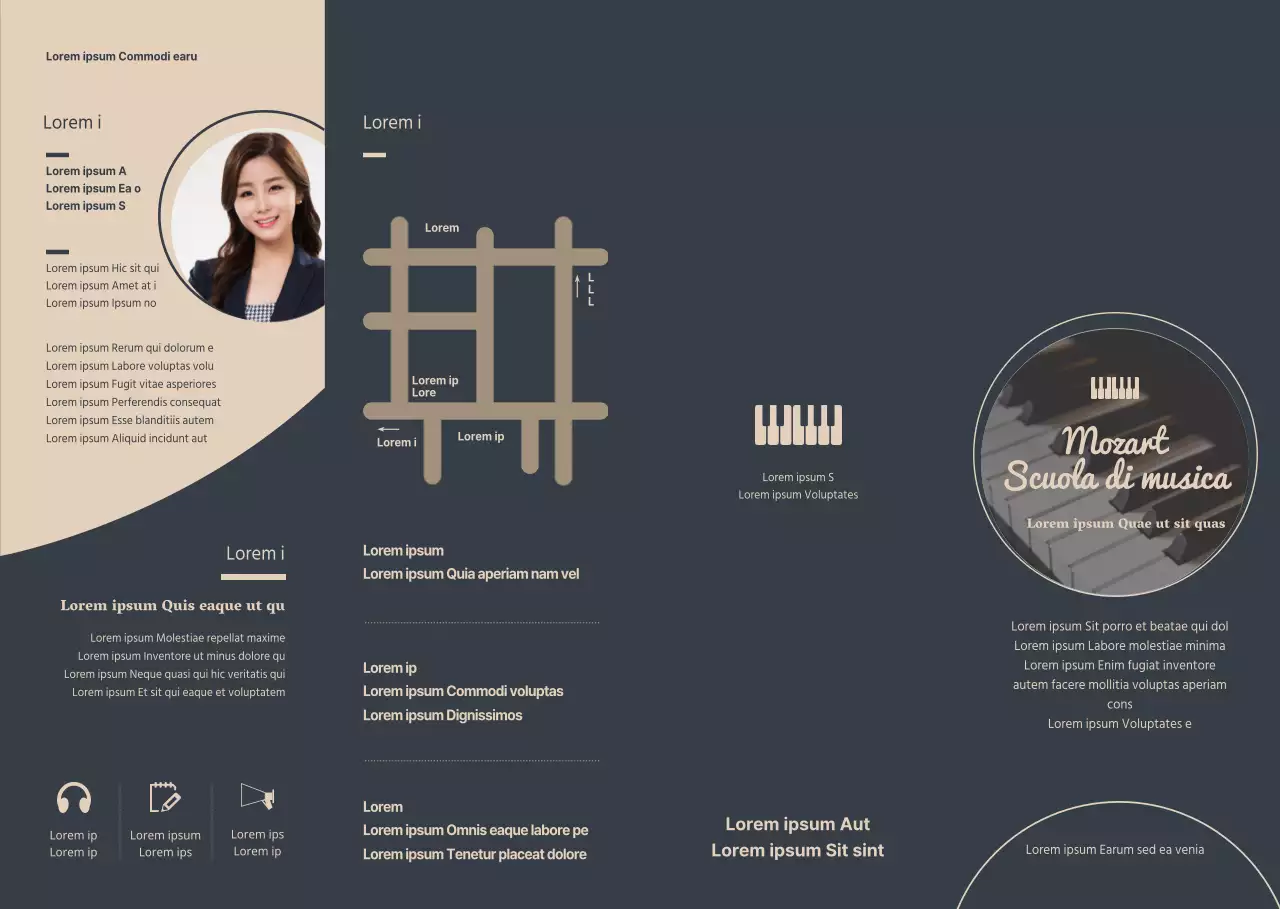 Promozione della scuola di pianoforte in un punto e informazioni in uno stile pulito