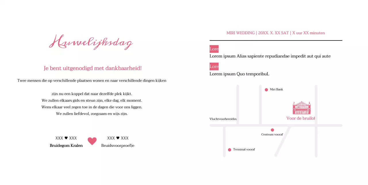 Eenvoudige huwelijksuitnodiging met roze tulpen op een witte achtergrond