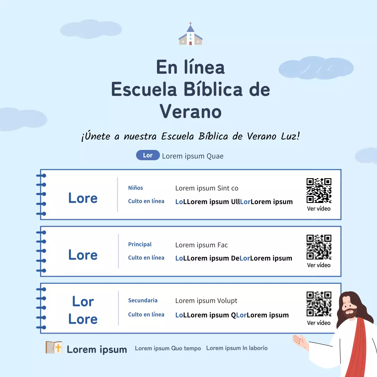 Banner cuadrado de iglesia para una escuela bíblica de verano en línea con una ilustración de Noteconcept en azul claro.