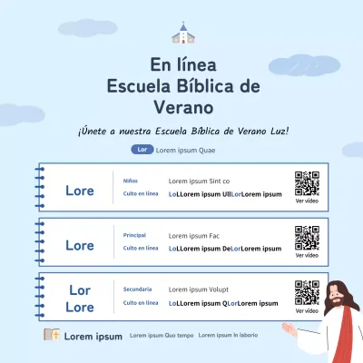 Banner cuadrado de iglesia para una escuela bíblica de verano en línea con una ilustración de Noteconcept en azul claro.