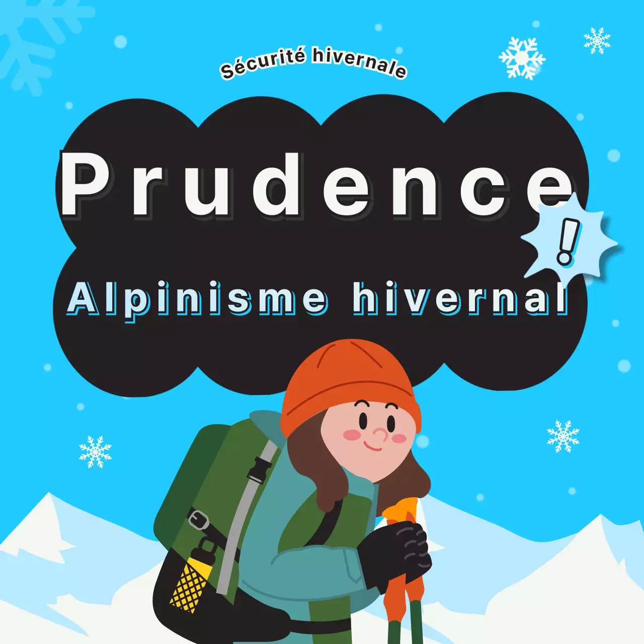 Illustration d'une randonnée hivernale sécurisée sur fond bleu clair (post de flux Instagram).