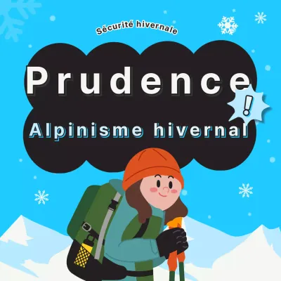 Illustration d'une randonnée hivernale sécurisée sur fond bleu clair (post de flux Instagram).