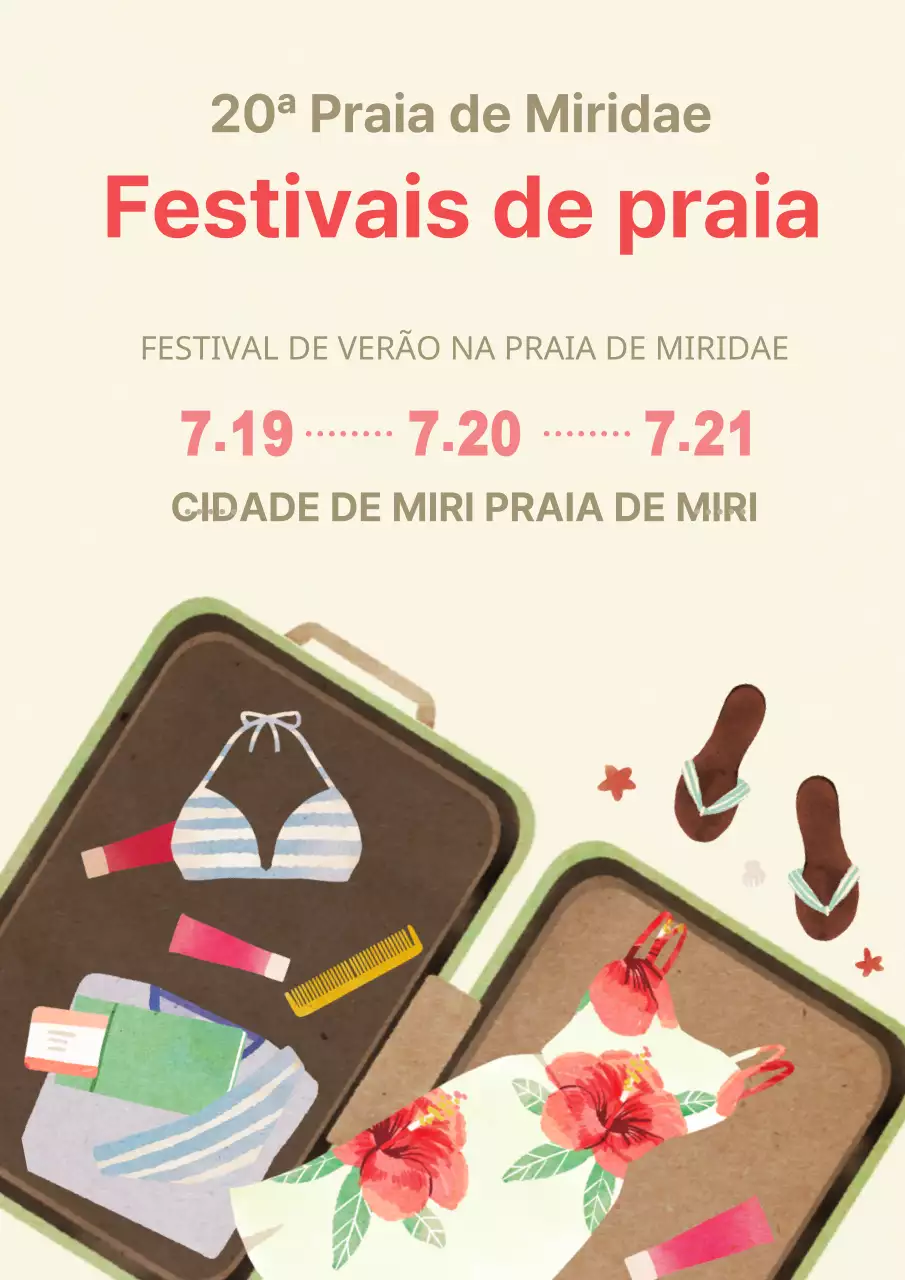 Promover um festival de praia com adereços de verão e ilustrações de transportadoras em amarelo claro.