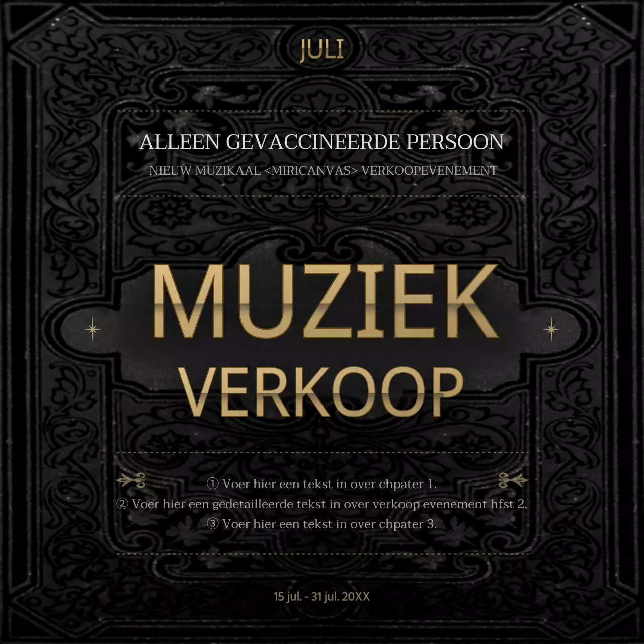 Muzikaal kortingsevenement met klassiek boek in het zwart en goud, alleen voor vaccineerders