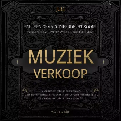 Muzikaal kortingsevenement met klassiek boek in het zwart en goud, alleen voor vaccineerders