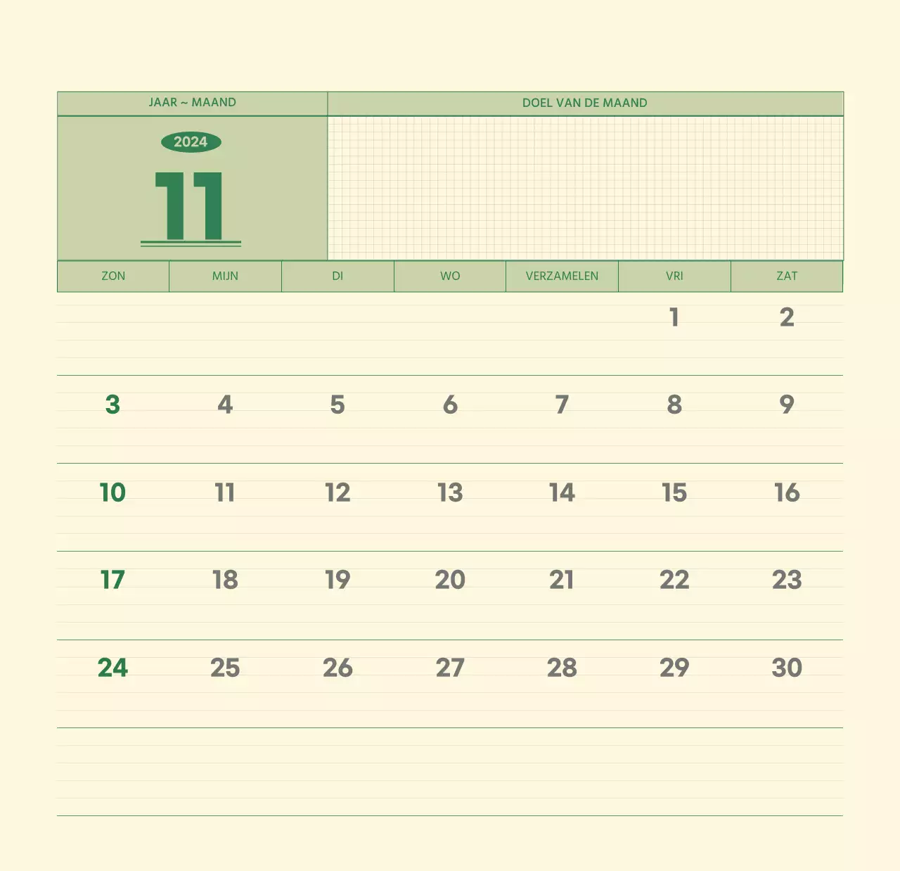 SAT D-day notitieblok concept wandkalender in groen en lichtgeel